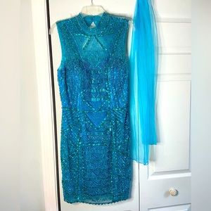 Milano Formal Blue Dress with Gems and scarf, Size 8